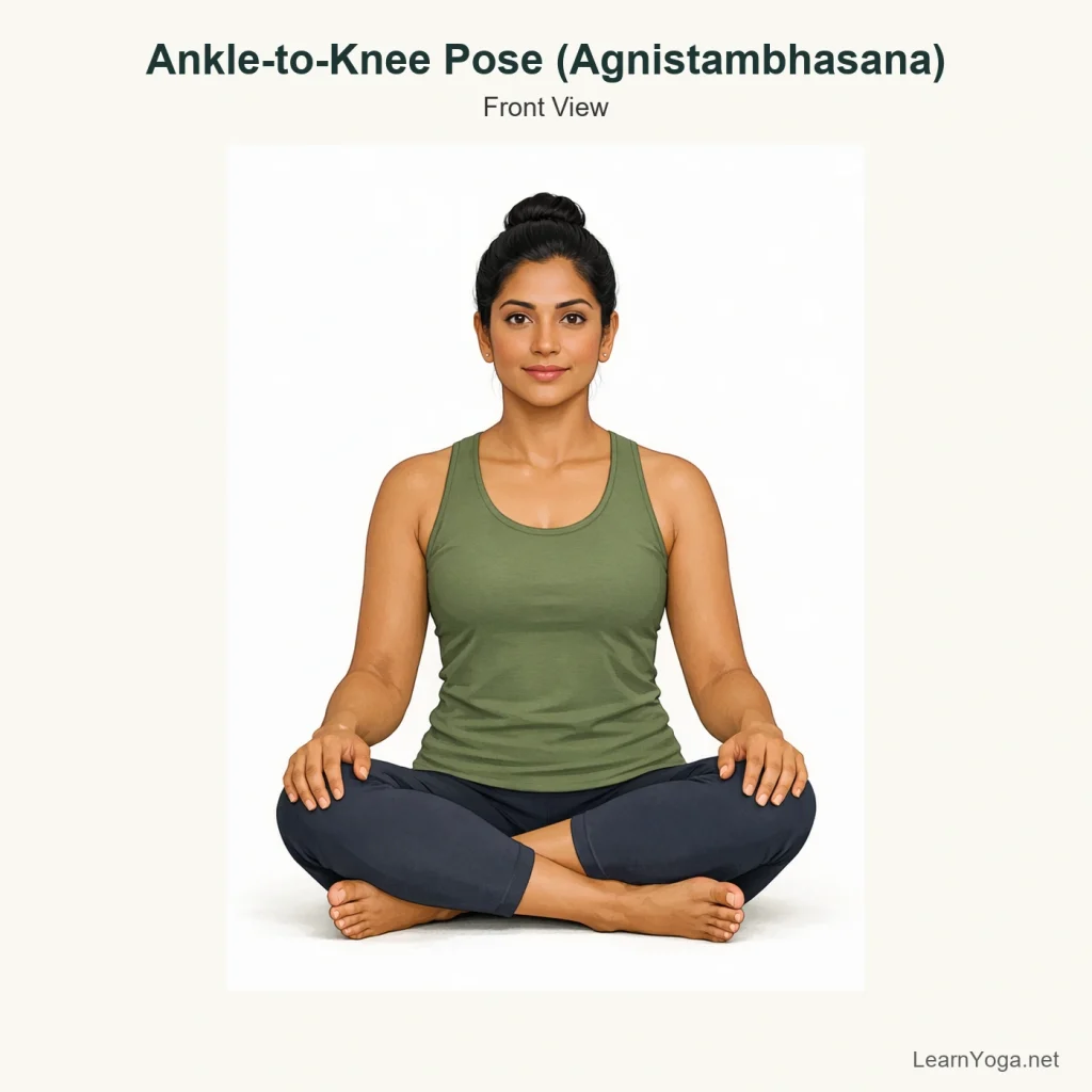 Person practising Ankle-to-Knee Pose seated upright with one shin stacked over the other.