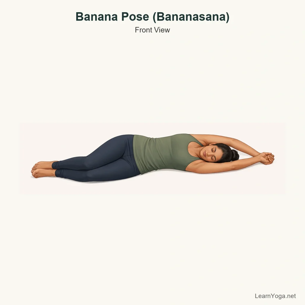 Person lying on their back in Banana Pose with body curved gently to one side and arms overhead.