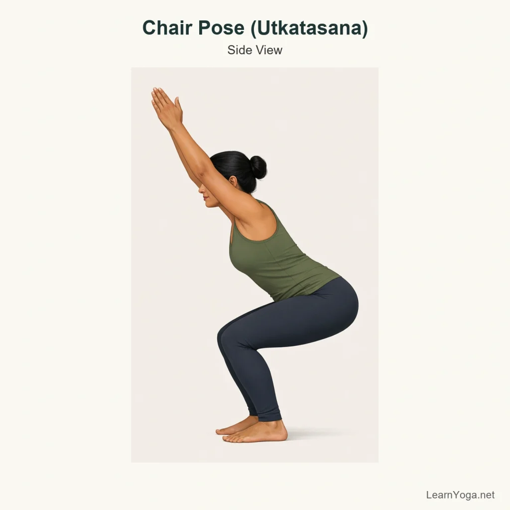 Person practising Chair Pose from the side with knees bent, hips back and arms lifted.