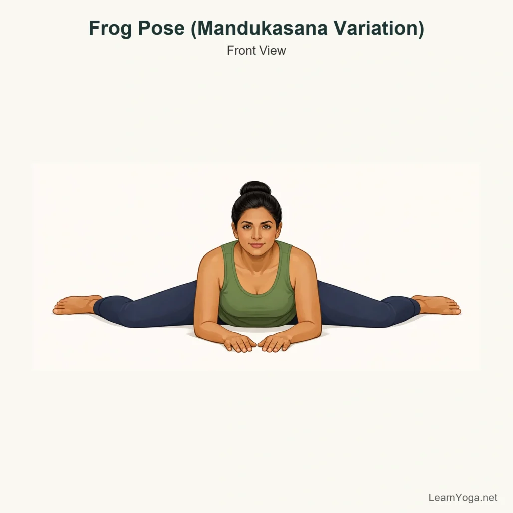 Person practising Frog Pose on the floor with knees wide apart and forearms supported.