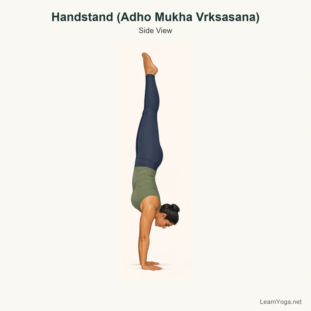 Person balancing in Handstand with straight arms and legs stacked over the shoulders.