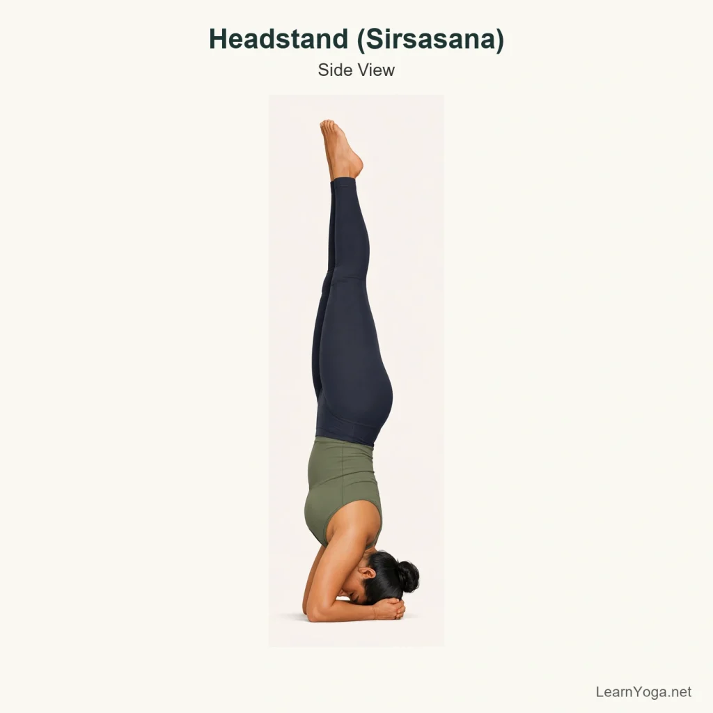 Person practising supported Headstand with forearms grounded and legs extended vertically.