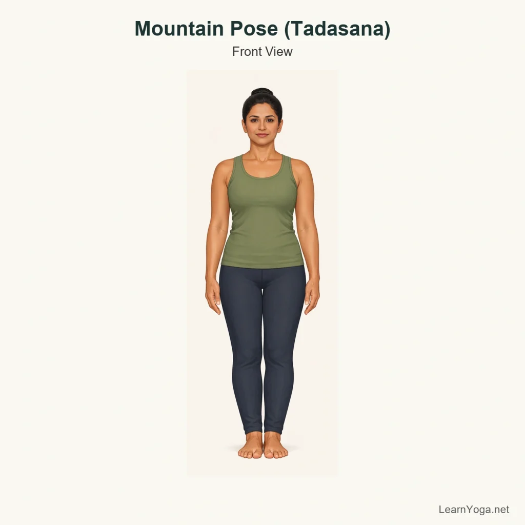 Person standing in Mountain Pose with arms by the sides and feet grounded evenly.