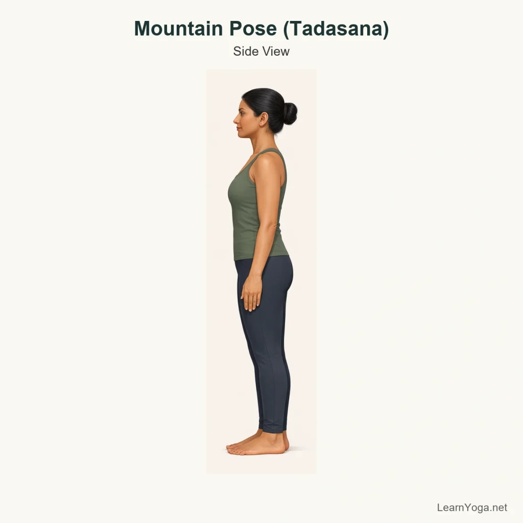 Person standing in Mountain Pose with arms by the sides and feet grounded evenly.