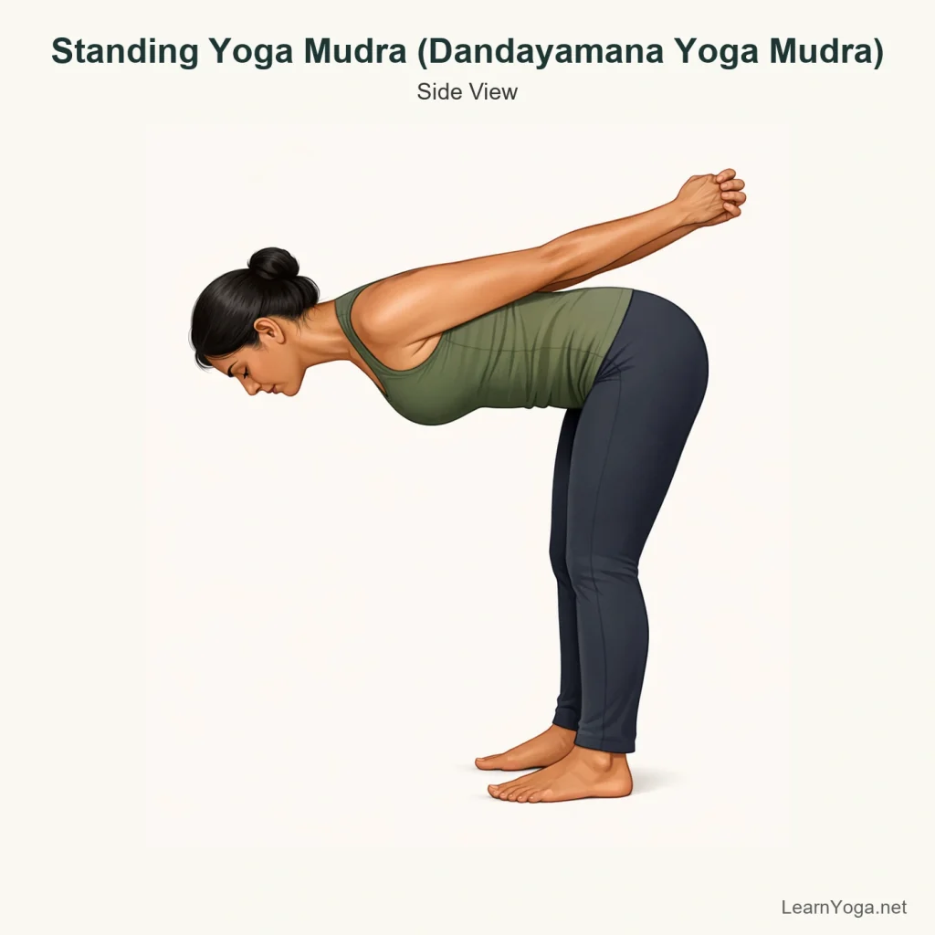 Person practising Standing Yoga Mudra in side view with hands joined behind the back and a gentle forward hinge.