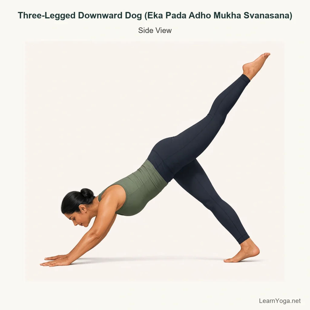 Side view of Three-Legged Downward Dog with one leg lifted behind and both hands grounded evenly.