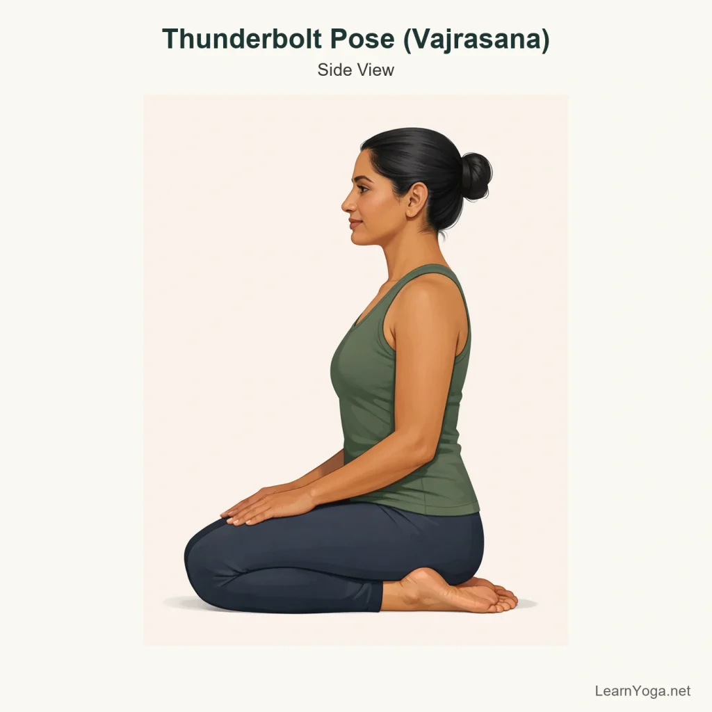 Person sitting upright in Thunderbolt Pose with shins on the floor and hands resting on thighs, shown from the side.