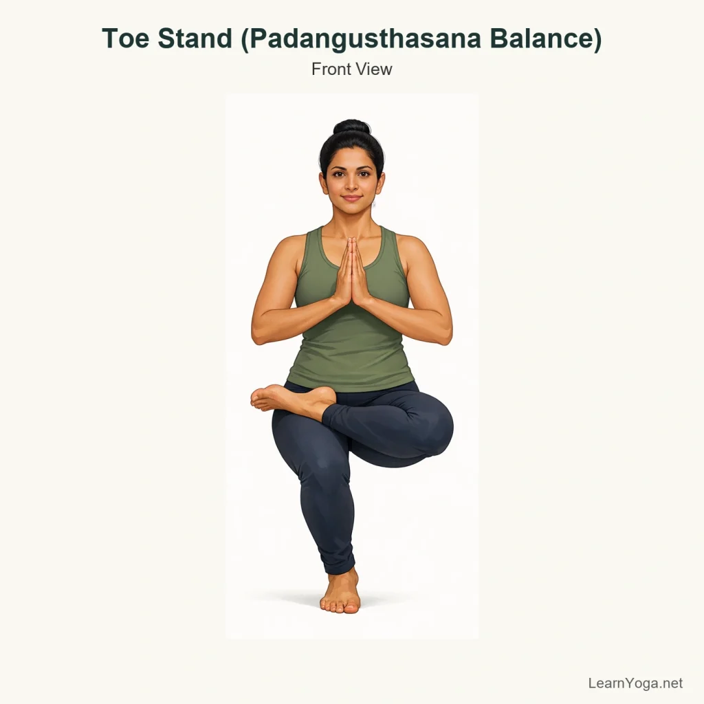 Person practising Toe Stand in a balanced figure-four squat on the ball of one foot, front view.