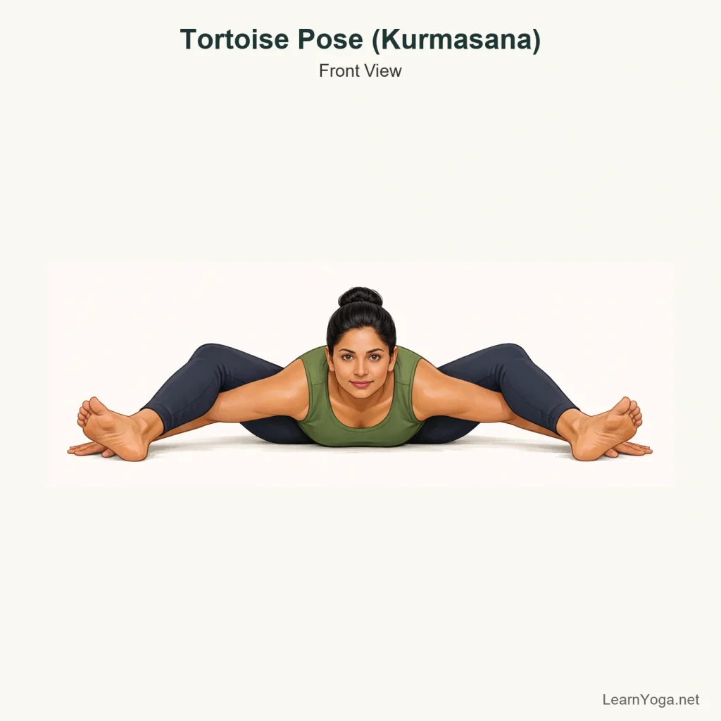 Person practising Tortoise Pose seated on the floor with arms threaded under the legs and torso folding forward.