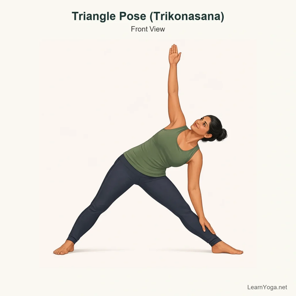 Person practising Triangle Pose with the front leg straight, lower hand resting on the shin and top arm reaching upward.