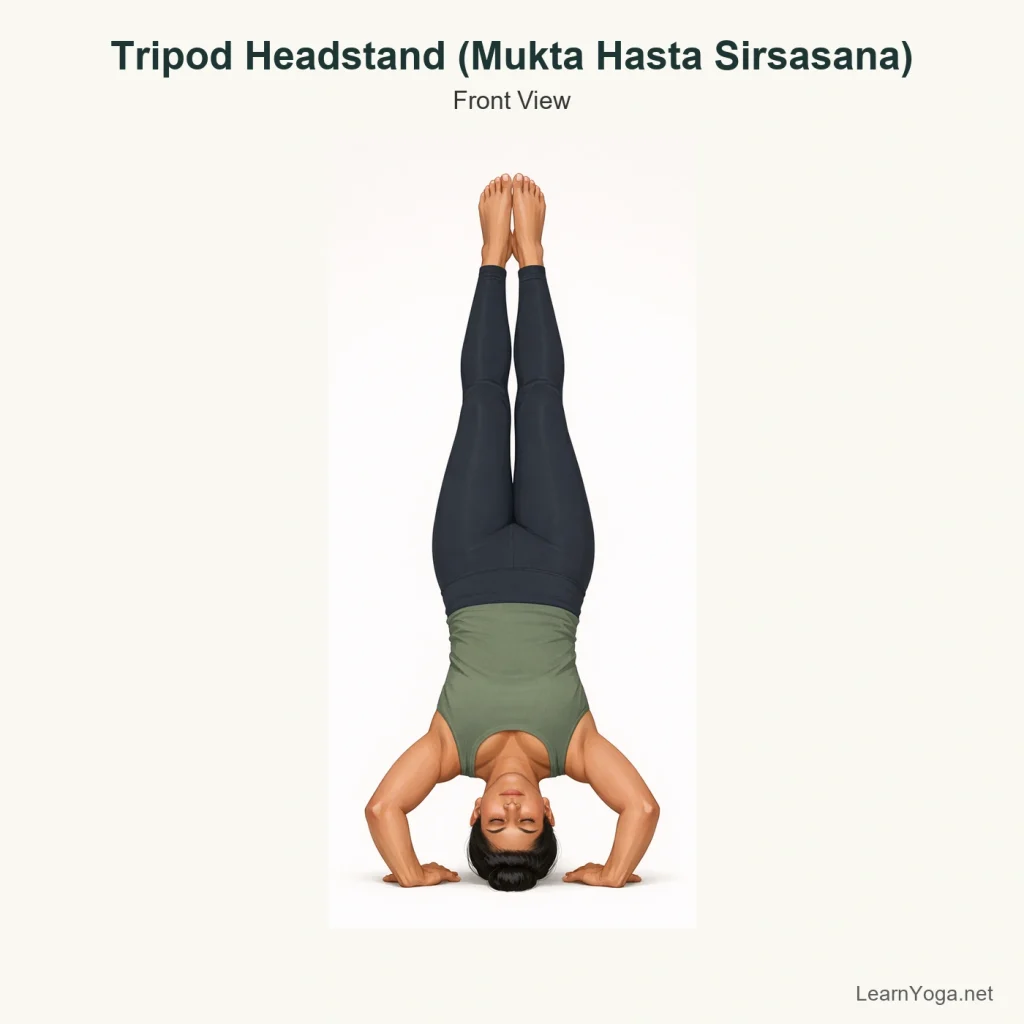 Person practising Tripod Headstand with hands and head forming a stable base and knees tucked in.