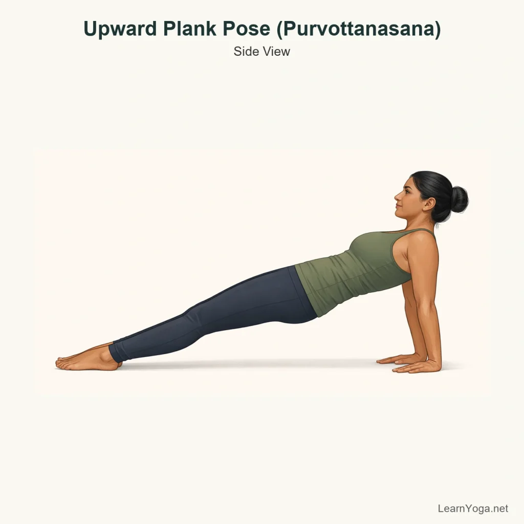 Side view of Upward Plank Pose with straight legs, lifted hips and hands placed behind the body.