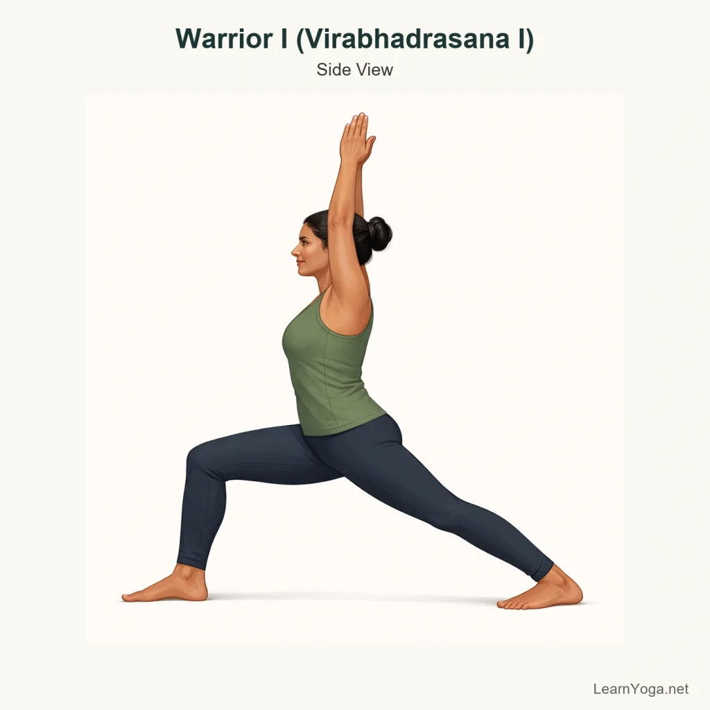 Person practising Warrior I with front knee bent, back heel grounded and arms reaching overhead.