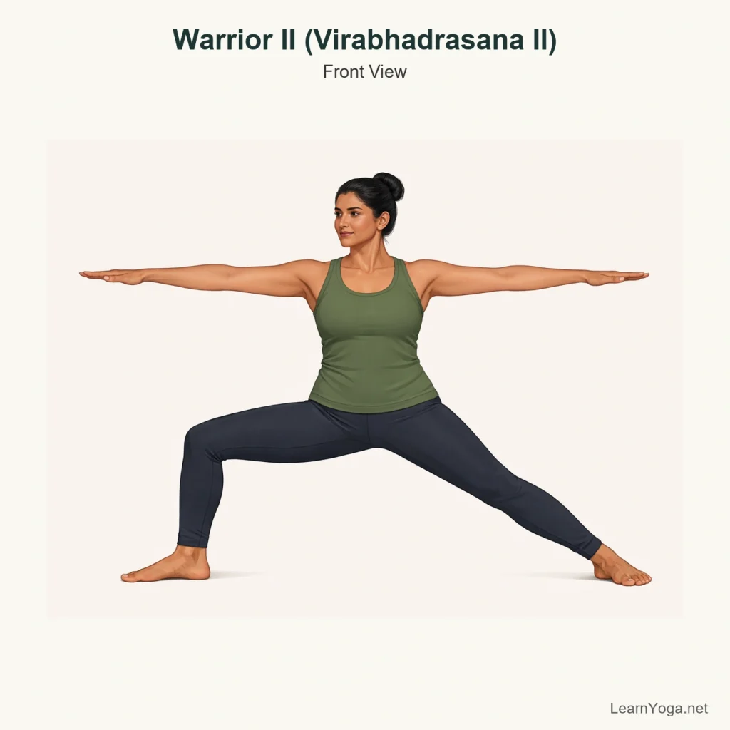 Person practising Warrior II with the front knee bent, back leg straight and arms extended wide at shoulder height.
