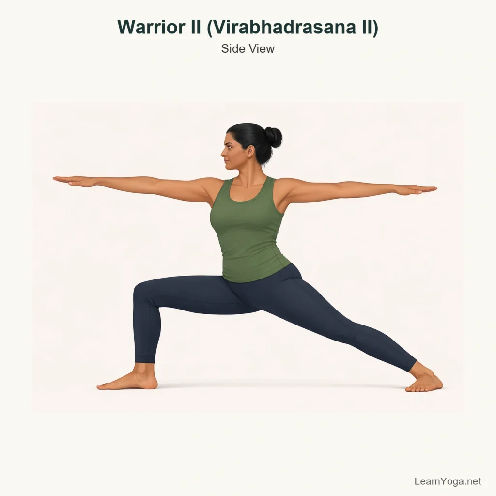 Person practising Warrior II with the front knee bent, back leg straight and arms extended wide at shoulder height.