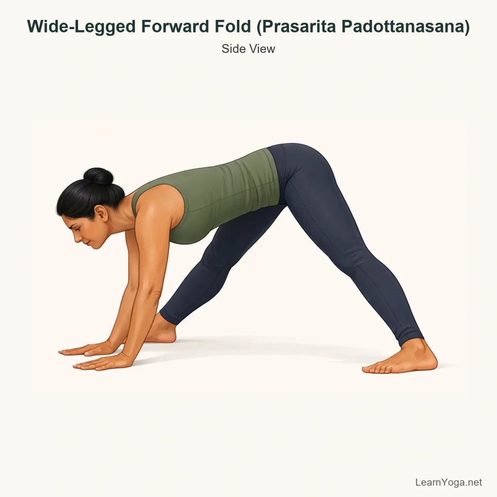 Person practising Wide-Legged Forward Fold with feet wide apart and hands on the floor.